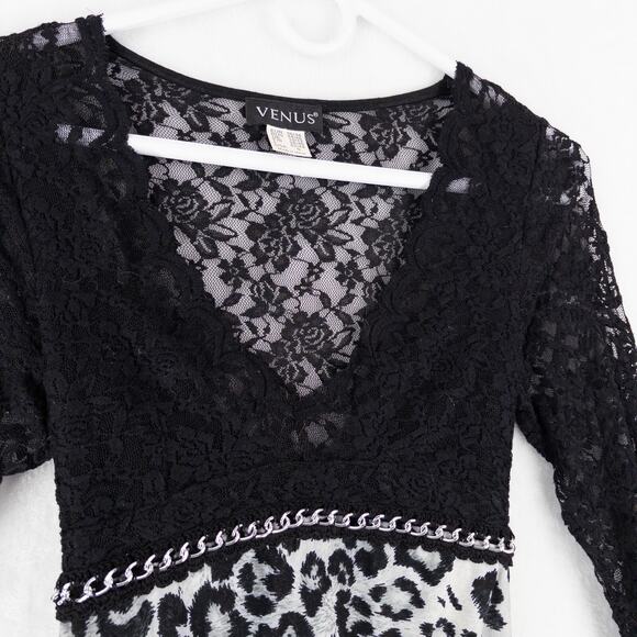 VENUS Y2K Dress S Leopard Lace Animal Print Long Sleeve Chain Tie Sheer Stretch - Picture 2 of 10